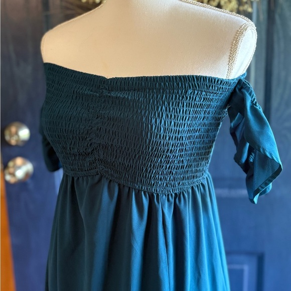 Elegant Teal Off-Shoulder Maxi Dress w/ Side Slit size Small - Picture 2 of 13